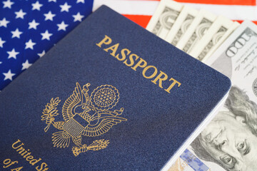 US passport with USA dollar money, American citizen in United States of America.