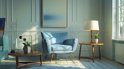 Interior of living room with wooden triangular coffee table lamps and blue armchair