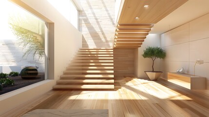 Interior of modern house wooden stairway