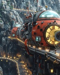 Fantastical Steampunk Locomotive Exploring Subterranean Geothermal Energy Facility with Intricate Machinery and Glowing Conduits