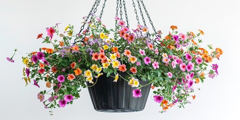 A hanging gardening pot with lots of lush and colorful flowers on a white surface and a big space for text or product advertisement
