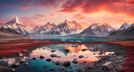 Panoramic view of the Himalayas. Sunrise over the mountains.