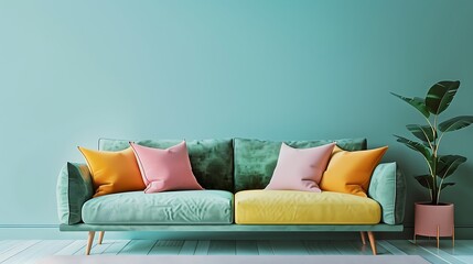Interior scene with pastel colored sofa with colorful pillows blank wall