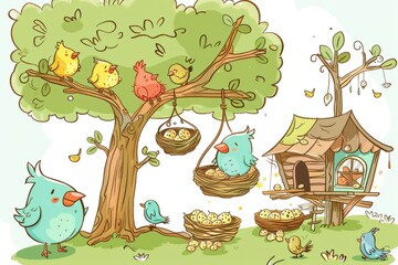 Cartoon cute doodles of a group of birds having a picnic in a treehouse, with nests filled with eggs and baby birds chirping, Generative AI