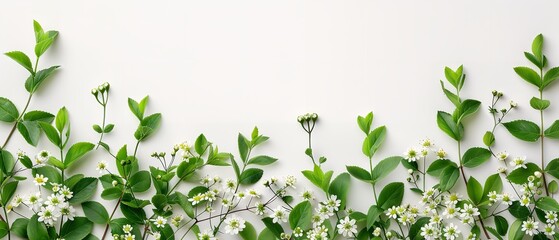 Green twigs with leaves and flowers with plain white backdrop kept like a frame and big space inside of it for text or product backdrop, Generative AI.