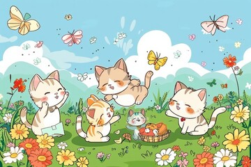 Cartoon cute doodles of a group of kittens having a picnic in a flower-filled meadow, with butterflies fluttering around them, Generative AI