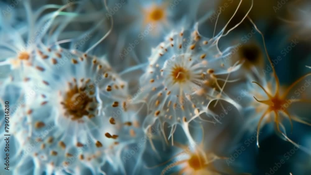 Poster a highly detailed image of pollen grains in the process of germination with delicate tendrils and in