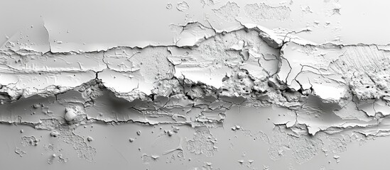 Close-up view of white paint peeling off a wall surface, revealing the layers underneath