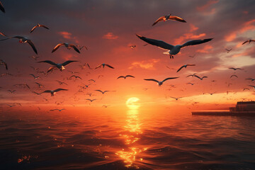 Fototapeta premium sunset over the sea with flying birds