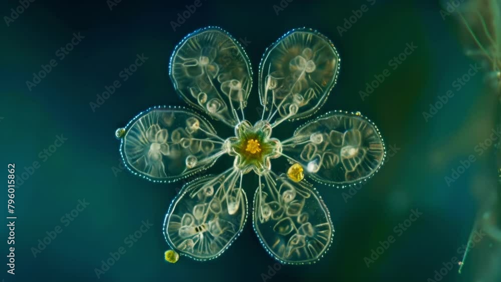 Poster a microscopic view of a singlecelled desmid algae highlights its intricate geometric pattern resembl