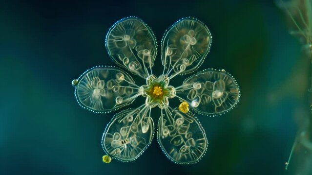 A microscopic view of a singlecelled desmid algae highlights its intricate geometric pattern resembling a perfectly symmetrical flower . AI generation.