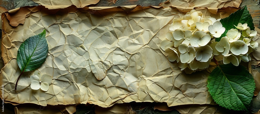 Poster a paper featuring a delicate flower and a green leaf, creating a simple and natural composition