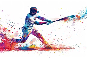 Vivid outlines of geometry over a white backdrop, a man baseball pro slams a baseball with his bats abstract artwork for utilizing and space, Generative AI.