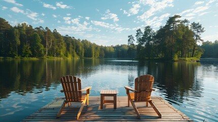 On the dock, two wooden chairs and small side tables sit, offering comfort by the lake.