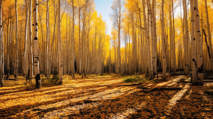 Birch tree forest with yellow leaves.