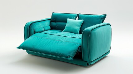 Innovative turquoise sofa bed that transforms seamlessly from seating to sleeping setup, highlighted on an isolated background