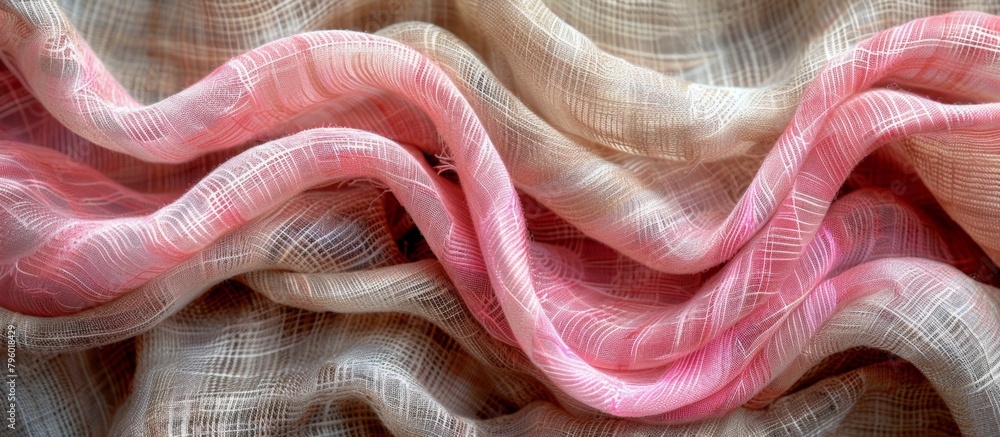 Poster detailed view of a fabric featuring a pink and white color scheme with a unique pattern
