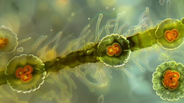 A glimpse into the process of euglenoids captured through microscopy as two organisms divide and multiply to continue their species. . AI generation.