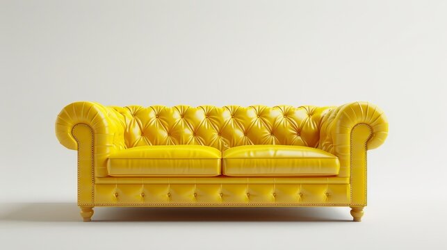 Yellow leather chesterfield sofa, pristine white isolation, high-end interior