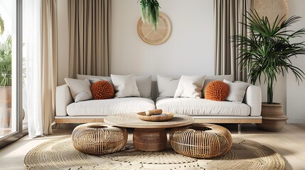 Modern living room interior with stylish sofa coral on rattan table - obrazy, fototapety, plakaty