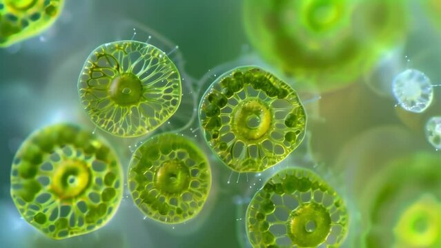 A group of euglenoids captured in the process of photosynthesis. The chloroplasts within their cells are visible as bright green structures . AI generation.