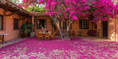 the giant bougainvillea tree in front of the house is full and pink, with many flowers blooming on it like colorful clouds. 