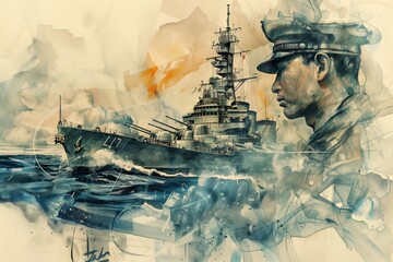 illustration of the captain of a warship - obrazy, fototapety, plakaty