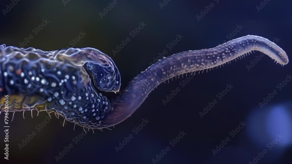 Poster a closeup image of a nematodes tail which ends in a pointed tip reminiscent of a miniature arrowhead