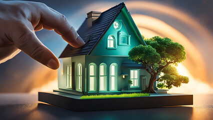 Real estate investment concept. Man touch virtual house icon for analysing mortgage loan home and insurance real property mortgage. interest rate, Investment planning, business real estate .