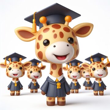 Cute character 3D image of A Giraffe is wearing a hat in a graduation ceremony