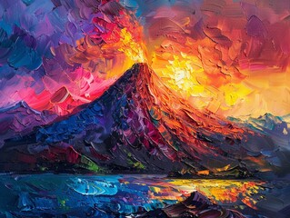Beautiful wallpaper featuring a palette knife oil painting of a volcano in summer, with a vivid background enriched by vibrant color splashes and dramatic lighting effects