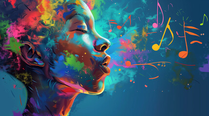 Explosive Paint Splatter Effect with a Colorful Woman Profile and Musical Note