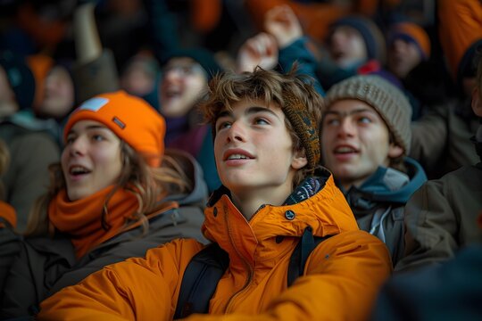Un chico vistiendo  con una chamarra naranja atento rodeado de gente joven que se divierte en un espectaculo.  Aficionados en las gradas o en un concierto 