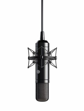 Condenser microphone hanging from ceiling isolated on white background.