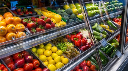 Obraz premium fruit and vegetables in refrigerated in modern supermarket