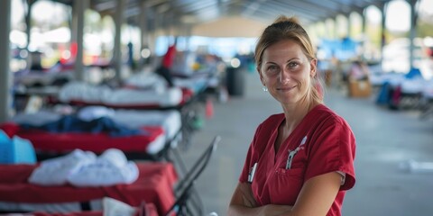 A nurse volunteering at a disaster relief shelter after a hurricane