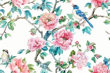Seamless vintage watercolor with peonies and birds.
