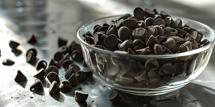 glass bowl filled with black chocolate chips, generative AI