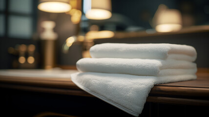 Three white towels on an antique wooden countertop
