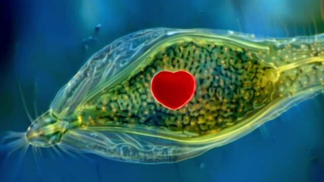 A highly magnified image of a euglena a flagellated protozoan with a prominent red eyespot and a long whiplike tail for propulsion. . AI generation.