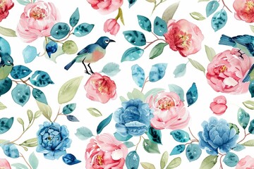 Seamless vintage watercolor with peonies and birds.