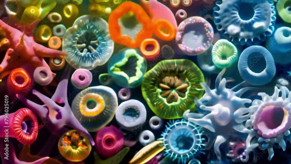 Poster a colorful collage of various protozoa showcasing the incredible diversity of shapes and sizes found