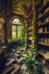 Wander through the overgrown ruins of an ancient library, where crumbling shelves and tattered...