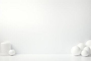 White vase with cherry blossoms on a white shelf against a white wall
