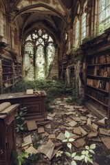 Wander through the overgrown ruins of an ancient library, where crumbling shelves and tattered scrolls speak of lost and forgotten wisdom, Generative AI