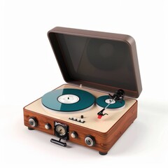 Fototapeta premium 3D Render of a retro record player with vinyl records, on isolated white background, Generative AI 