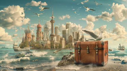 Surreal Concept of Cityscape Inside Vintage Suitcase by the Sea