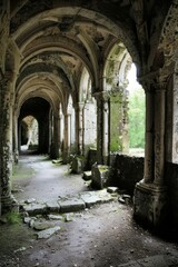 Fototapeta premium Step into the silent ruins of an ancient monastery, where weathered cloisters and crumbling chapels stand as to life of devotion and prayer, Generative AI