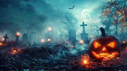 Halloween background with pumpkins and Graveyard - 3D render. Halloween background with Evil Pumpkin. Spooky scary dark Night forrest. Holiday event halloween banner background concept