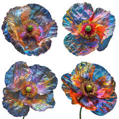 Set of metalic poppy flower in vibrant bold gradient holographic neon colors isolated on transparent background